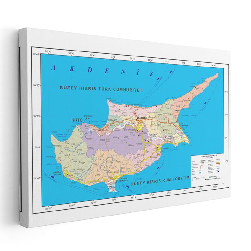 Kıbrıs - Siyasi Haritası Kanvas Tablo