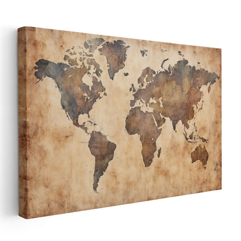 Eski Dünya Haritası - Bronz ve Altın Efektli Kanvas Tablo