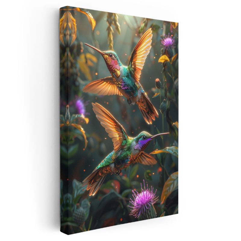 Sinek Kuşları - Çiçekler Arasında Dans Eden Renkli İkili Kanvas Tablo