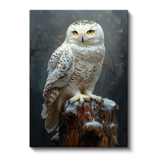 Beyaz Baykuş - Karlı Kütükte Keskin Bakışlar Kanvas Tablo