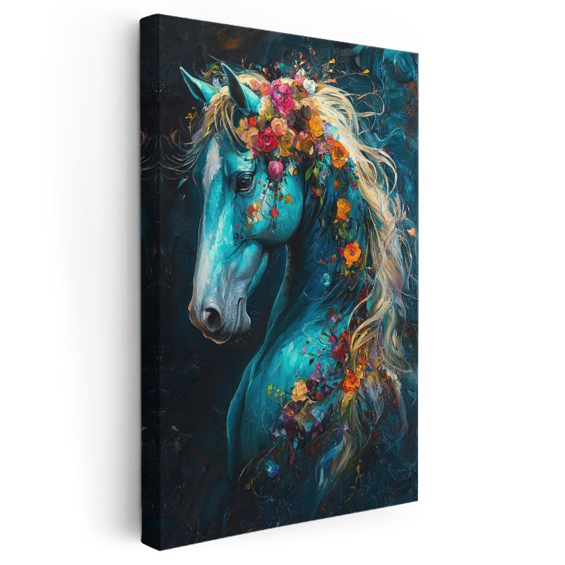 Çiçekli At - Mavi Tonda Sanatsal Portre Kanvas Tablo