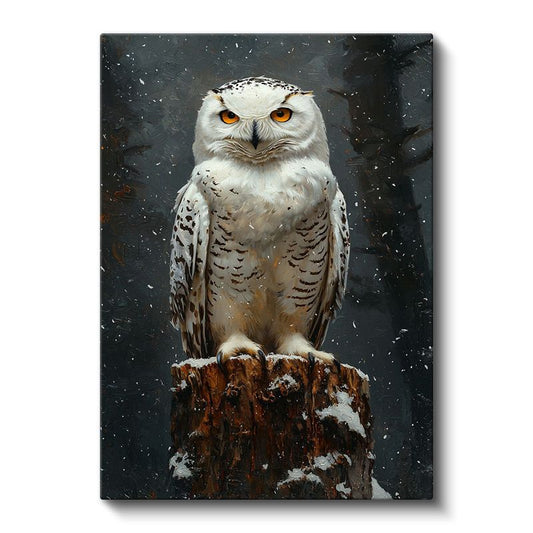 Bilge Baykuş - Kar Taneleri Arasında Turuncu Gözler Kanvas Tablo