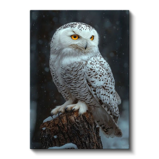 Kar Baykuşu - Kütük Üzerinde Turuncu Gözlü Avcı Kanvas Tablo