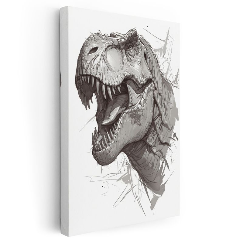 T-Rex Portresi - Gri Tonlarında Keskin Dişli Dinozor Kanvas Tablo