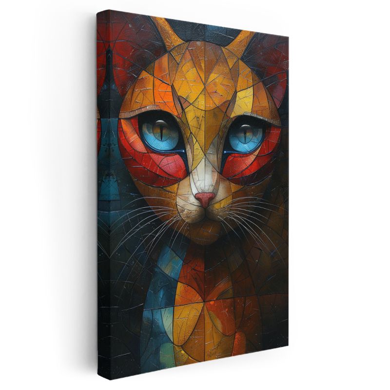 Vitray Kedi - Geometrik Desenlerde Renkli Bakışlar Kanvas Tablo
