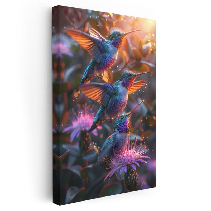 Sinek Kuşları - Çiçekler Arasında Renkli Kanatlar Kanvas Tablo