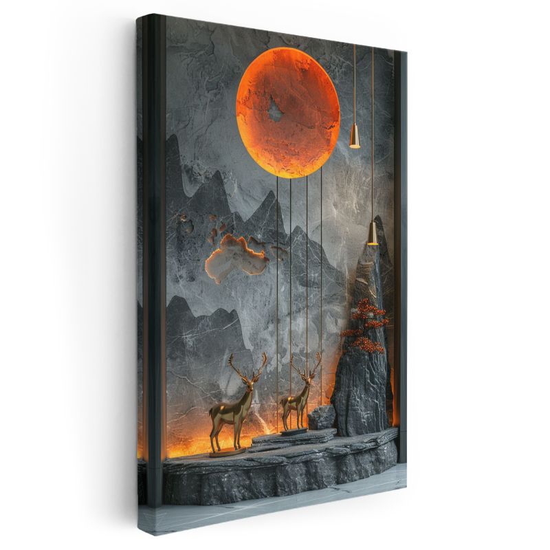 Ay Işığı Geyikleri - Turuncu Gökyüzü Altında İkili Kanvas Tablo