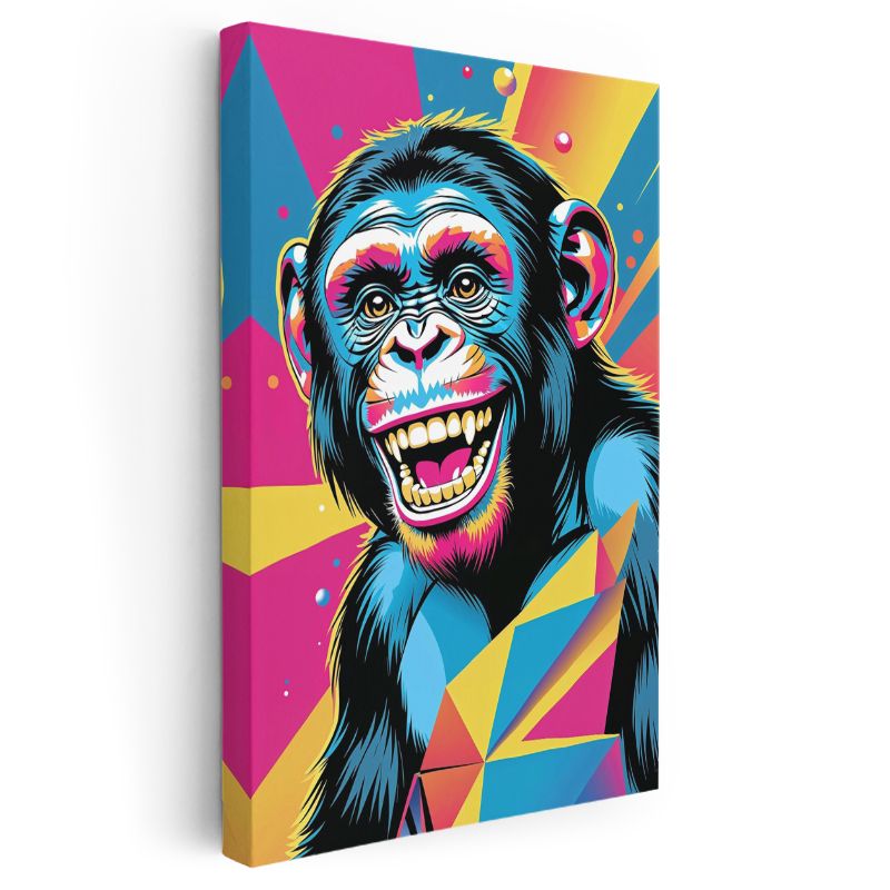 Pop Art Şempanze - Renkli Geometrik Desenli Gülümseme Kanas Tablo