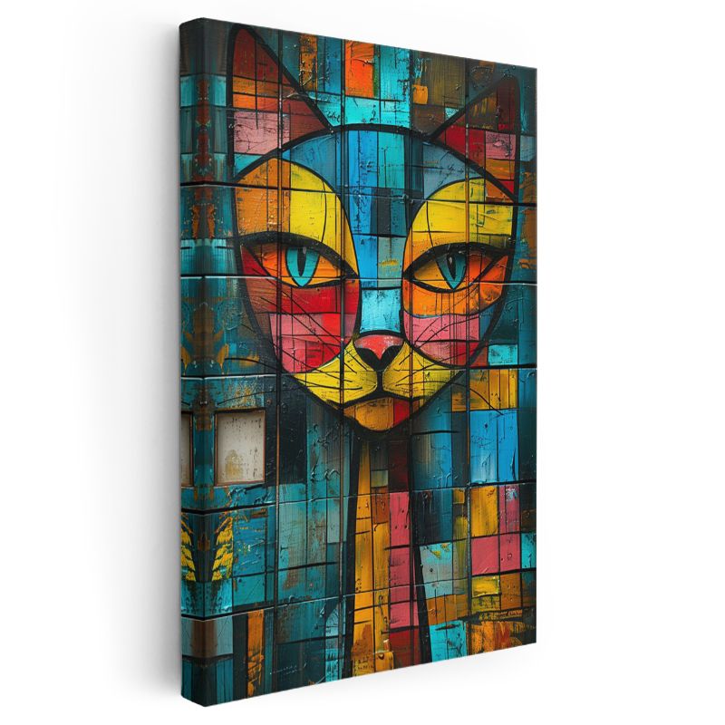 Mozaik Kedi - Renkli Geometrik Desenli Portre Kanvas Tablo
