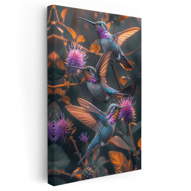 Sinek Kuşları - Mor Çiçekler Arasında Renkli Kanatlar Kanvas Tablo