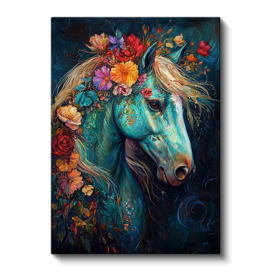 Çiçekli At - Mavi Zeminde Renkli Çiçeklerle Süslü Portre Kanvas Tablo