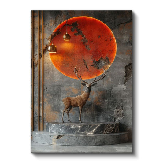 Kızıl Geyik - Turuncu Ay Işığında Asil Duruş Kanvas Tablo