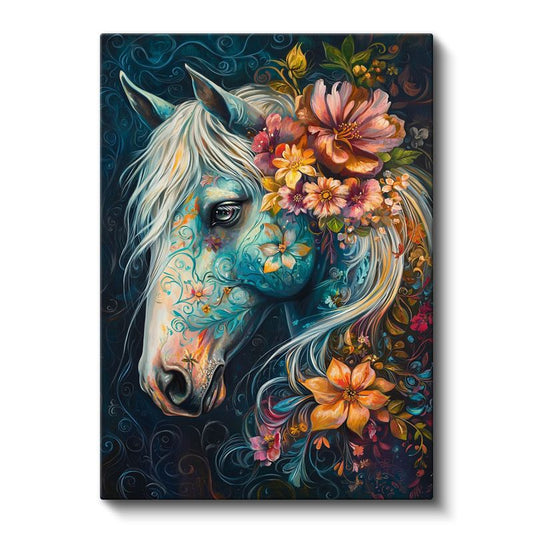 Çiçekli At - Turkuaz Zeminde Çiçek Desenli Profil Kanvas Tablo