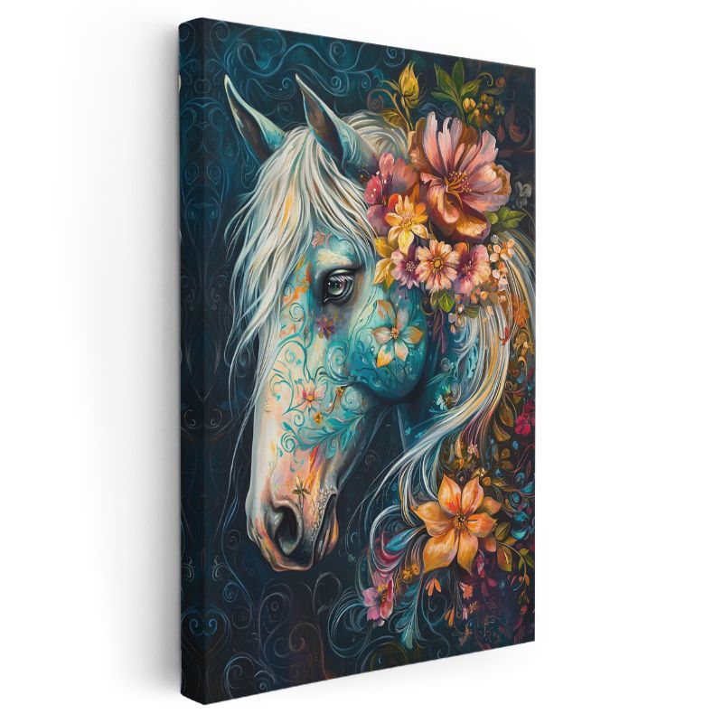 Çiçekli At - Turkuaz Zeminde Çiçek Desenli Profil Kanvas Tablo