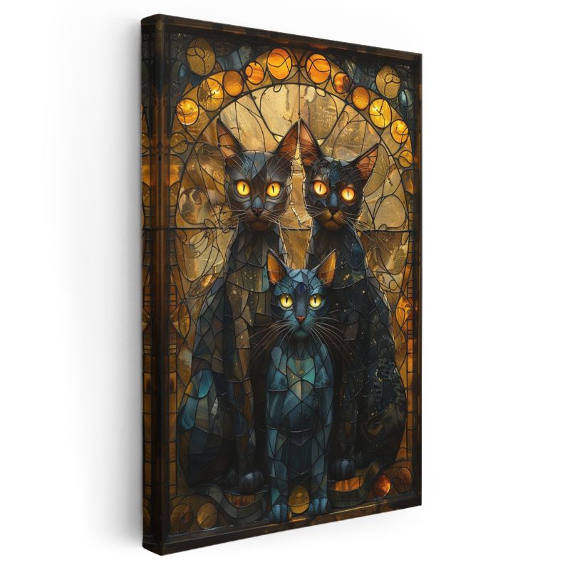 Mistik Kediler Üçlüsü - Vitray Tarzında Parlak Gözlü Siyah Kediler Kanvas Tablo