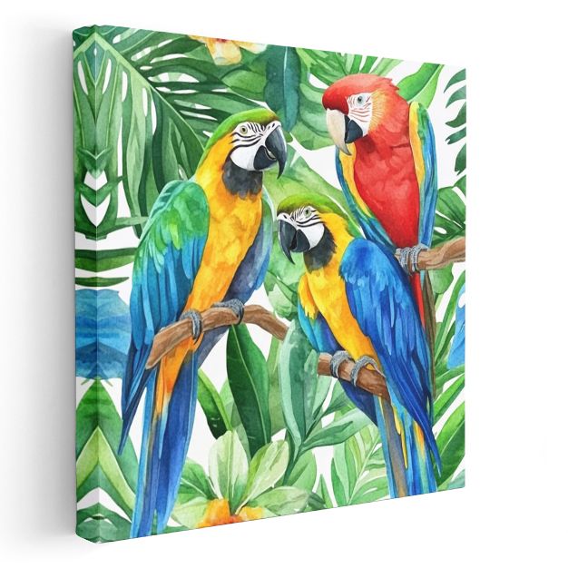 Tropikal Papağanlar - Yapraklar Arasında Renkli Üçlü Kanvas Tablo
