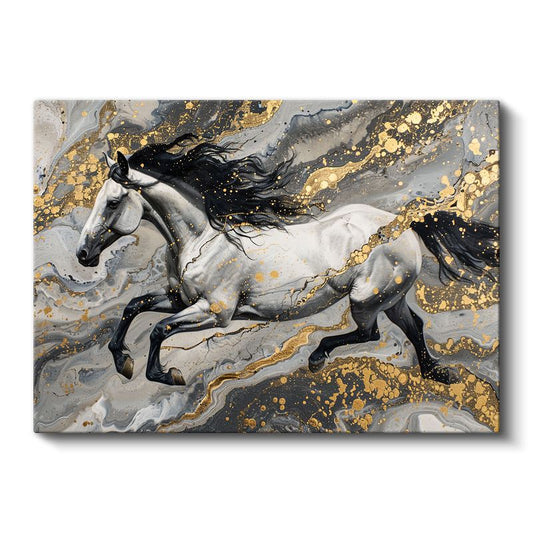 Koşan Beyaz At - Gri ve Altın Tonlarında Dinamik Hareket Kanvas Tablo