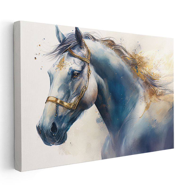 Mavi Tonlarda At - Altın Detaylarla Süslenmiş Asalet Kanvas Tablo