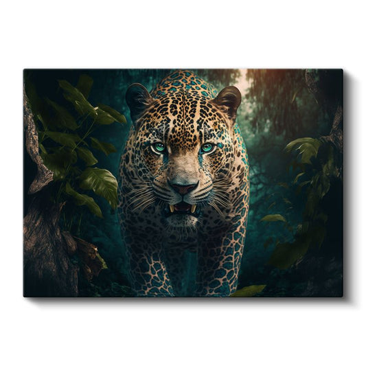 Orman Leoparı - Yeşil Yapraklar Arasında Mavi Bakışlar Kanvas Tablo