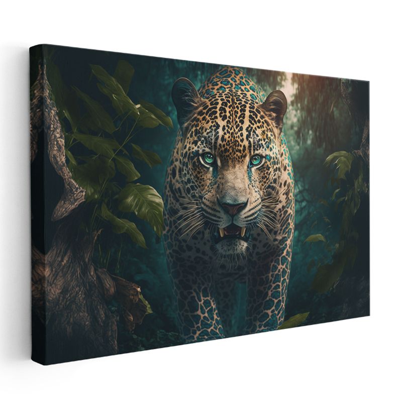 Orman Leoparı - Yeşil Yapraklar Arasında Mavi Bakışlar Kanvas Tablo