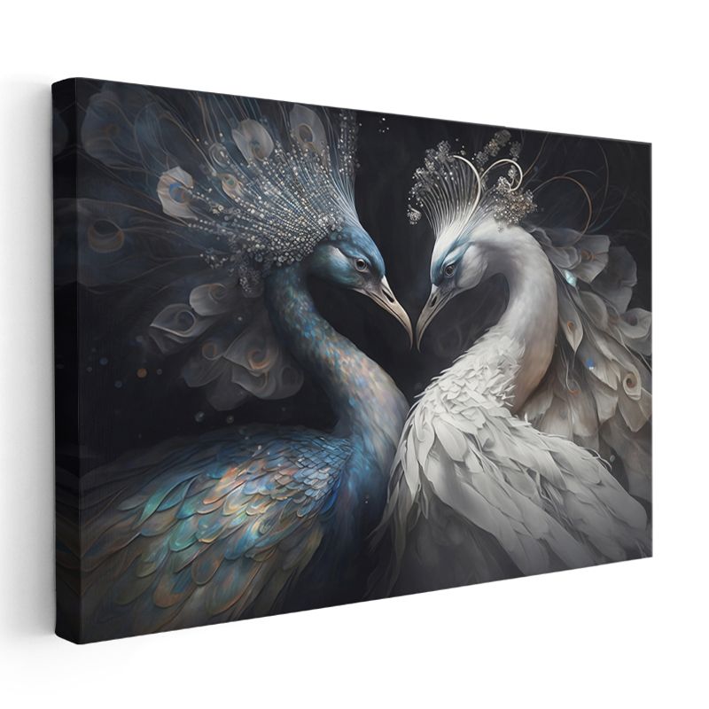 Tavus Kuşları - Mavi ve Beyaz Tüylerin Aşk Dansı Kanvas Tablo