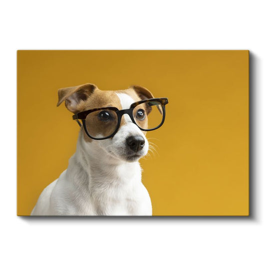 Zeki Köpek Portresi - Sarı Zeminde Gözlüklü Dost Kanvas Tablo