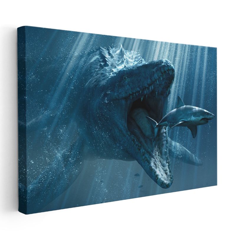 Derin Denizlerin Hakimi - Avını Yakalayan Prehistorik Deniz Canavarı Kanvas Tablo
