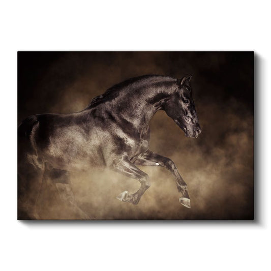 Siyah Aygır - Tozlu Zeminde Koşan Güçlü At Kanvas Tablo