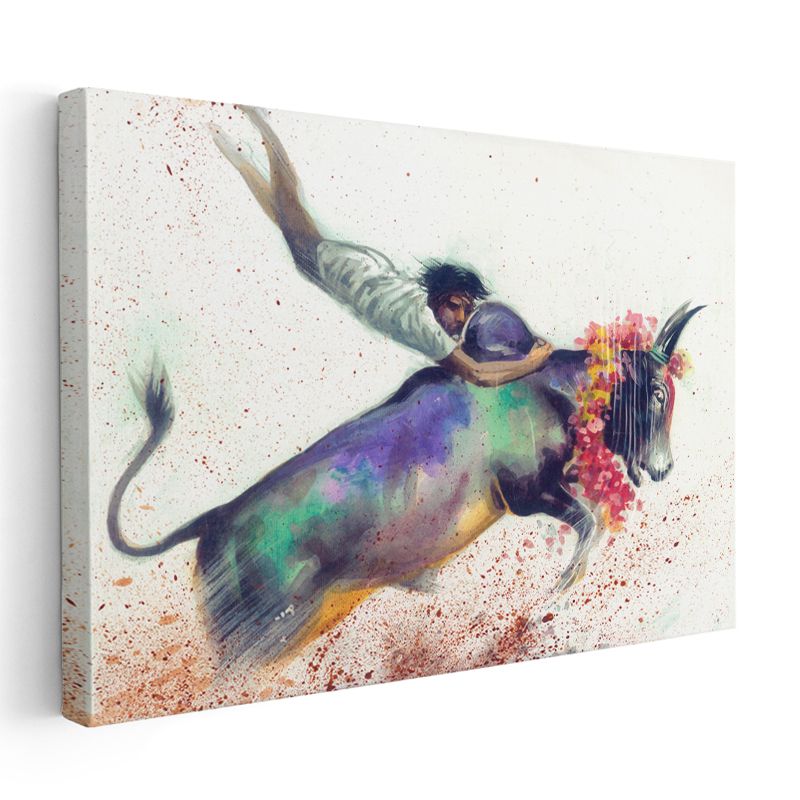 Boğa Binicisi - Soyut Renkli Rodeo Sahnesi Kanvas Tablo