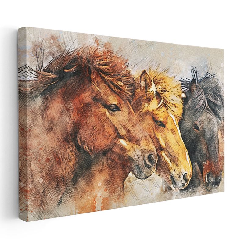 Üçlü At Portresi - Suluboya Tekniğinde Farklı Renk Tonları Kanvas Tablo