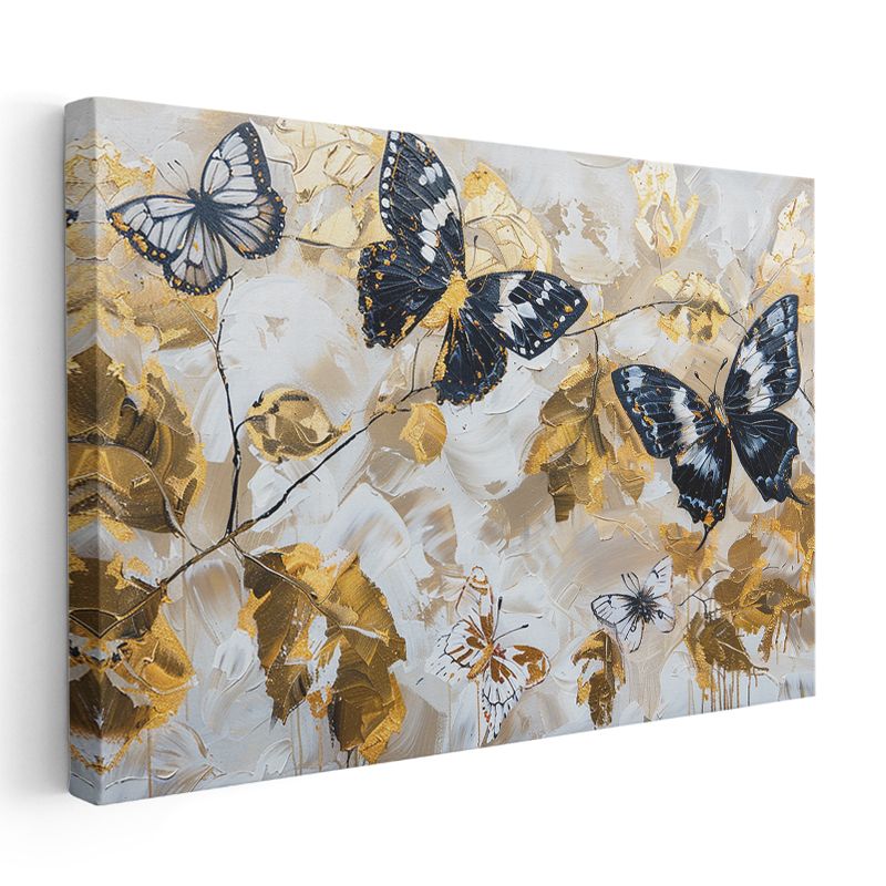 Kelebek Dansı - Siyah Beyaz Altın Desenli Uçuş Kanvas Tablo