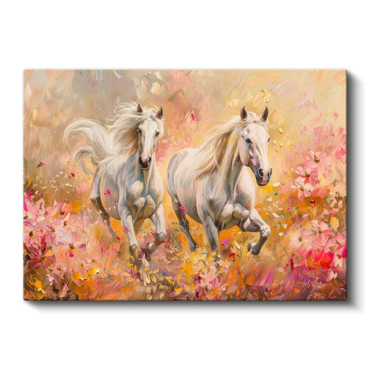 Çiçek Tarlası - Pembe Tonlarda Koşan Beyaz Atlar Kanvas Tablo