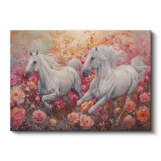 Gül Bahçesi - Çiçekler Arasında İlerleyen Beyaz Atlar Kanvas Tablo