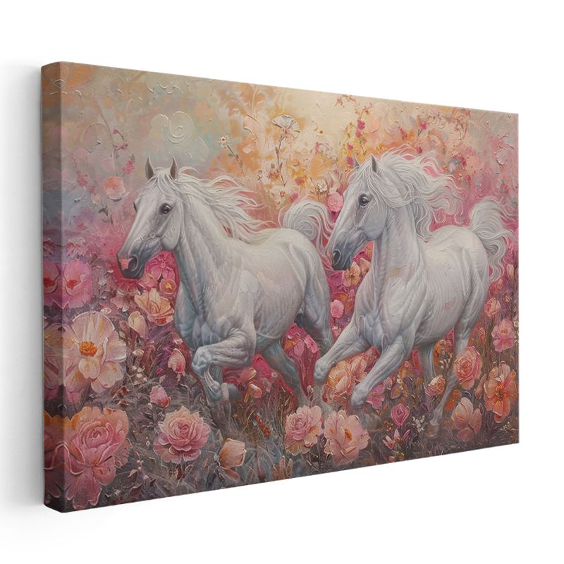 Gül Bahçesi - Çiçekler Arasında İlerleyen Beyaz Atlar Kanvas Tablo