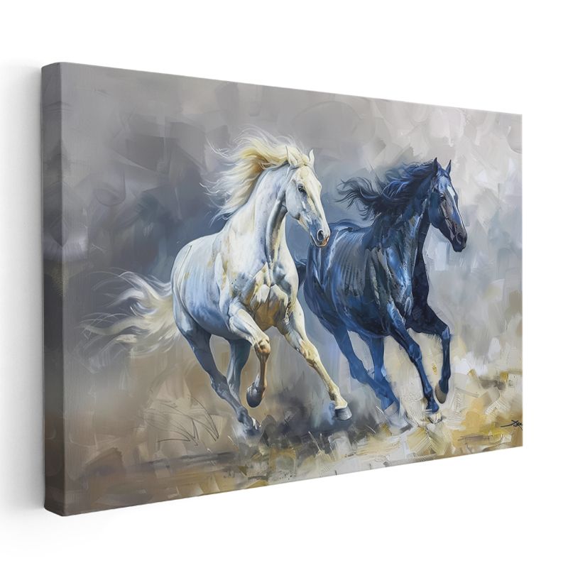 Zıt Renkler - Beyaz ve Siyah Atların Koşusu Kanvas Tablo