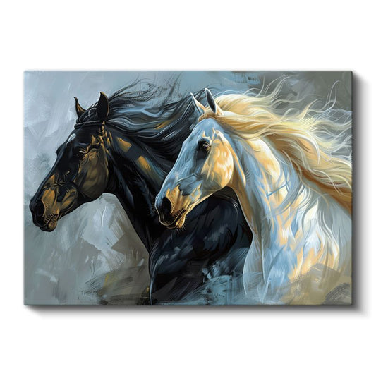 İkili Portre - Siyah ve Beyaz At Başları Kanvas Tablo