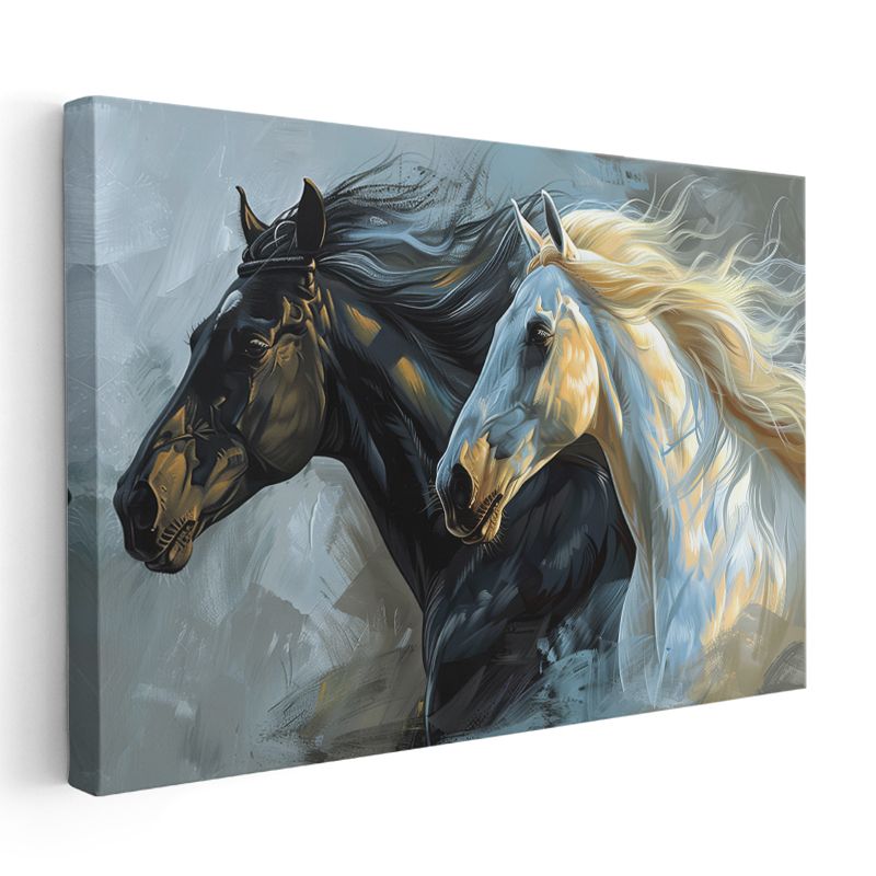 İkili Portre - Siyah ve Beyaz At Başları Kanvas Tablo