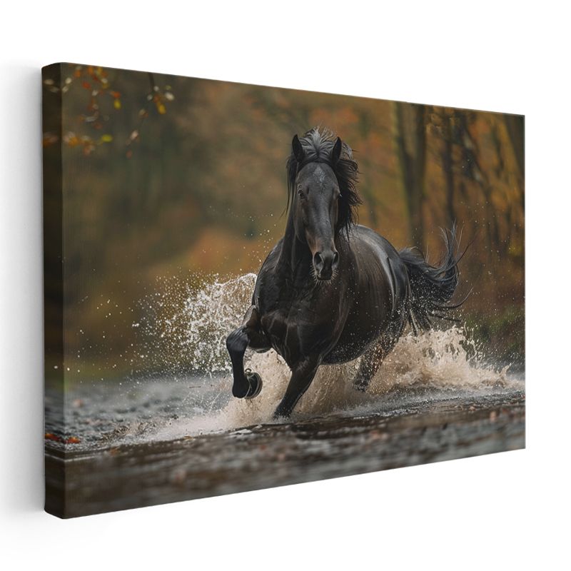 Su Sıçratan At - Nehirde İlerleyen Yabani Yırtıcı Kanvas Tablo
