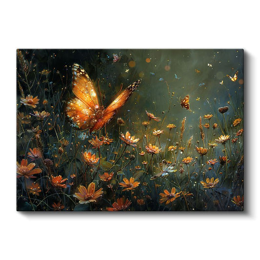 Turuncu Kanatlar - Çiçekli Alanda Kelebekler Kanvas Tablo