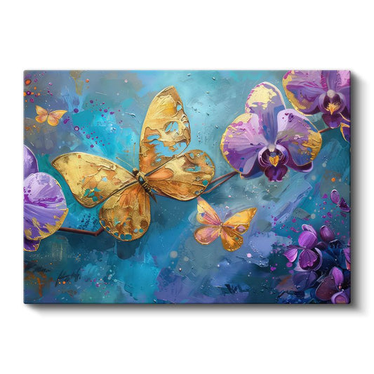 Altın Kelebek - Mor Orkideler Arasında Uçuş Kanvas Tablo