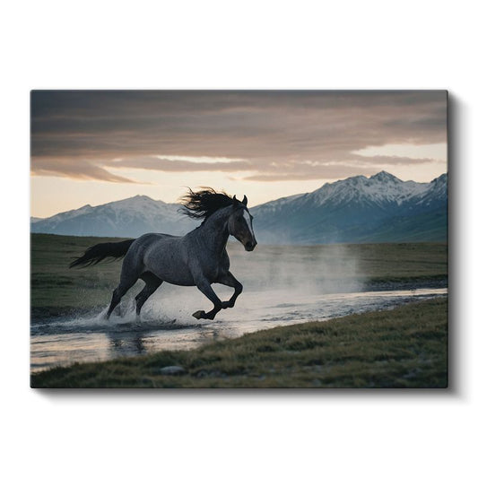 Dağ Atı - Sığ Suda İlerleyen Gri Yabani Kanvas Tablo