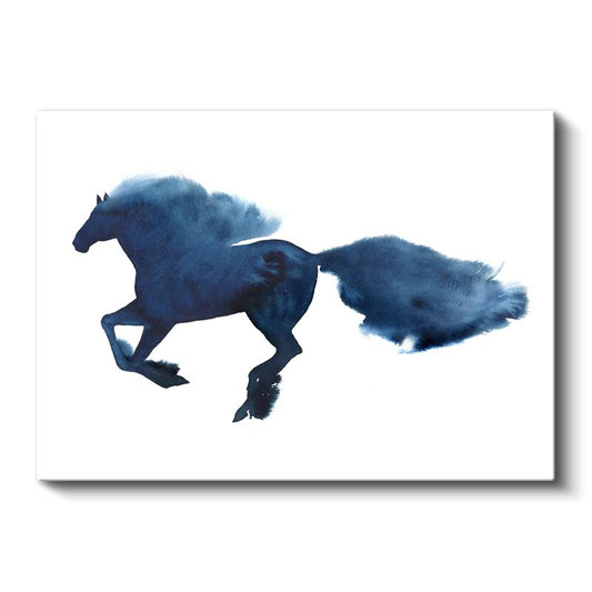 Mavi Siluet - Suluboya Tekniğinde Koşan At Kanvas Tablo