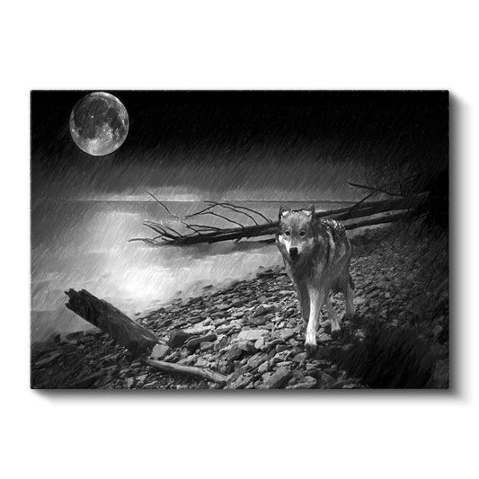 Yalnız Kurt - Dolunay Altında Vahşi Doğada Kanvas Tablo