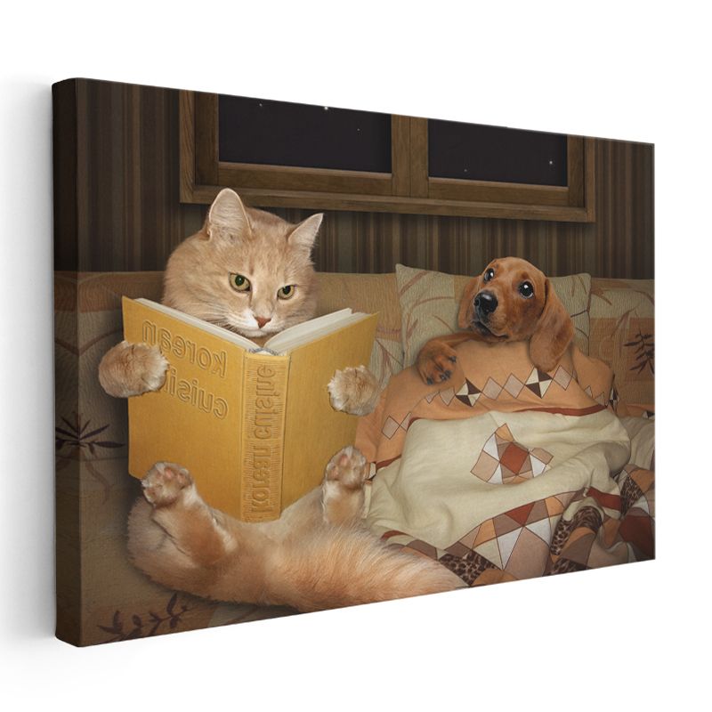 Kitap Okuyan Dostlar - Kedi ve Köpek Dostluğu Kanvas Tablo