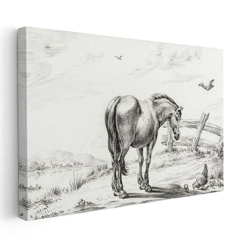 Kır Atı - Tavuklar Eşliğinde Sakin Duruş Kanvas Tablo