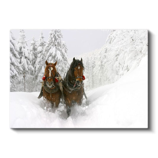 Kış Atları - Karlı Ormanda Koşan İkili Kanvas Tablo
