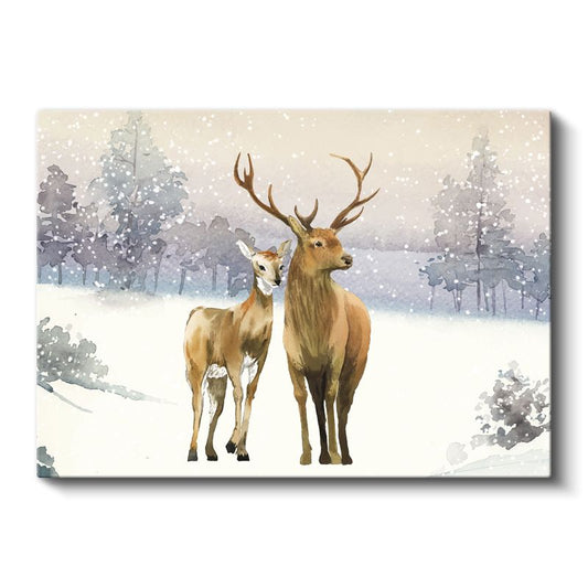 Geyik Çifti - Karlı Manzarada Sevgi Dolu Bakışlar Kanvas Tablo