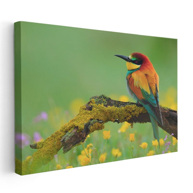 Arı Yiyen Kuşu - Çiçekli Dalda Renkli Tüyler Kanva Tablo
