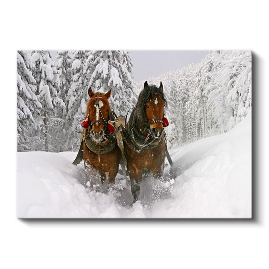 Kış Koşusu - Karlı Yolda İlerleyen Atlar Kanvas Tablo