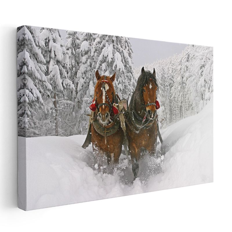 Kış Koşusu - Karlı Yolda İlerleyen Atlar Kanvas Tablo